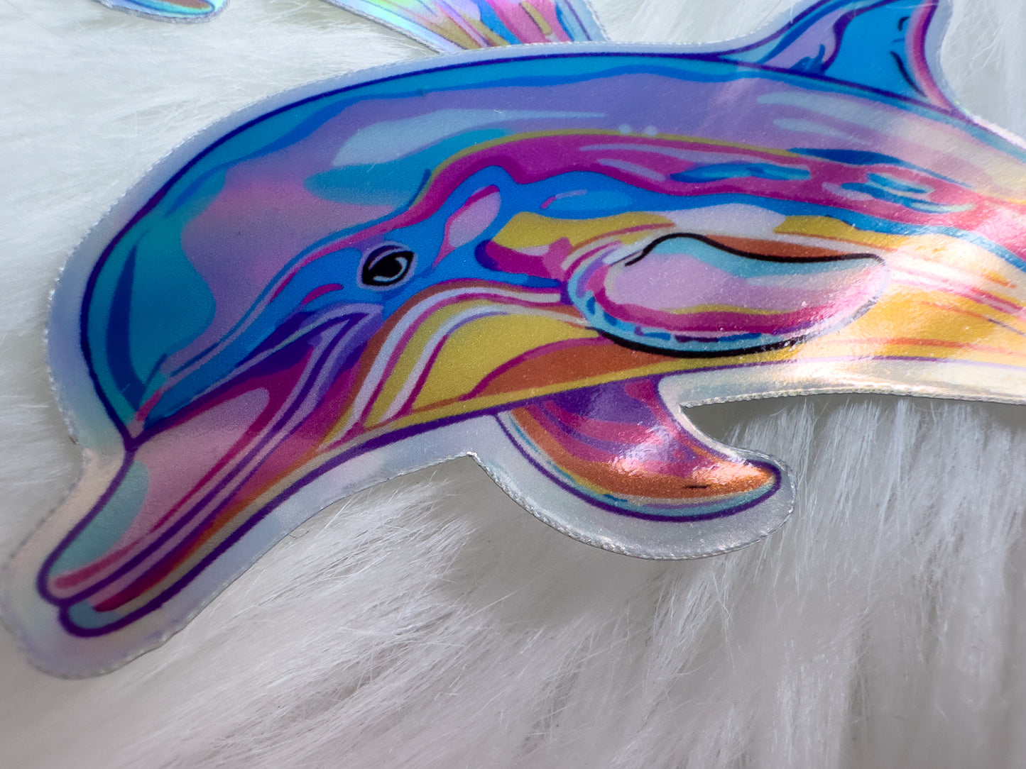 happy holographic dolphin sticker close up
